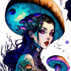 Illustrated woman with cosmic mushroom hat under full moon and floating orbs