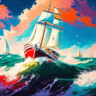 Colorful Sailboat Painting with Choppy Seas and Stylized Clouds