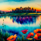 Colorful landscape painting: red poppies, blue lake, sunset, silhouetted trees