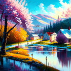 Scenic digital artwork: village by lake, cherry blossoms, traditional houses, street lamps, sunset