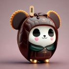 Stylized panda character backpack with brown leather and gold zippers