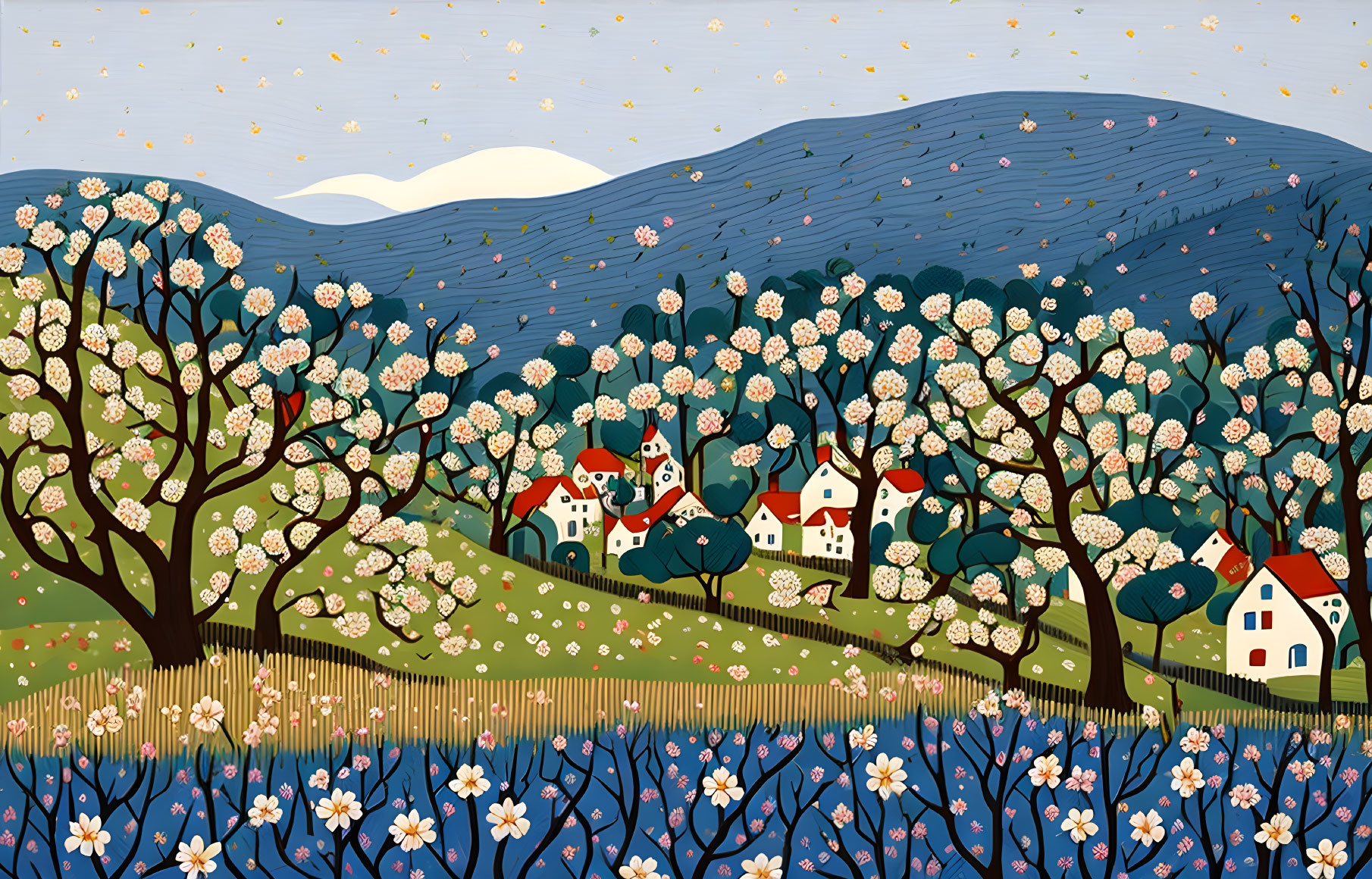 Colorful illustration of a serene village with blossoming trees and rolling hills