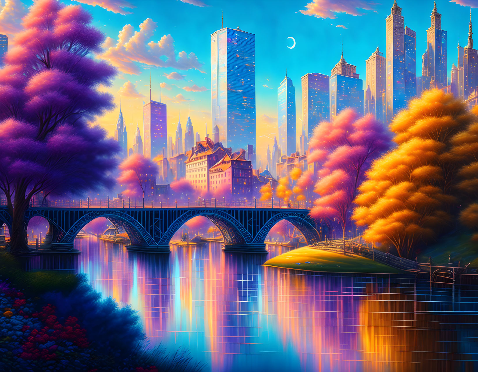 Colorful cityscape at dusk with crescent moon, bridge, river, and trees