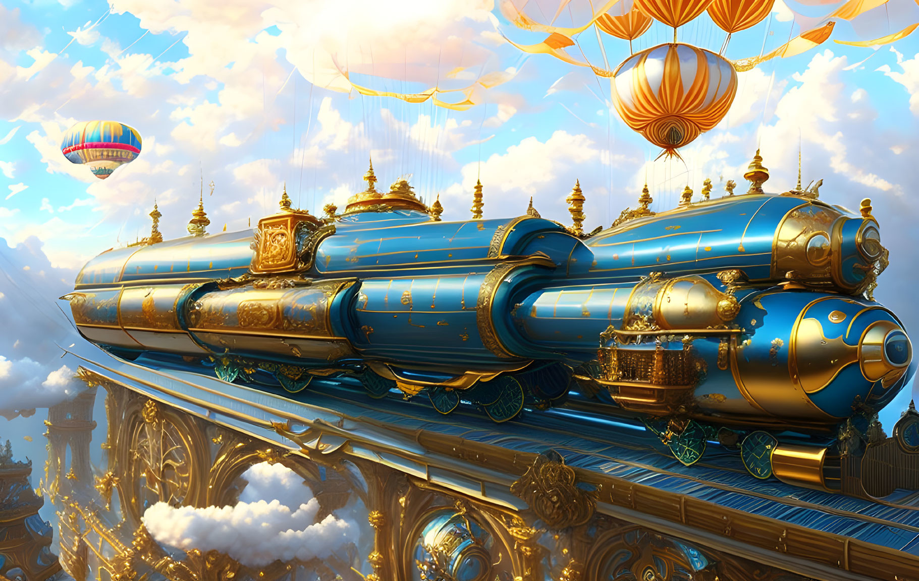 Ornate blue and gold train flying in sky with hot air balloons