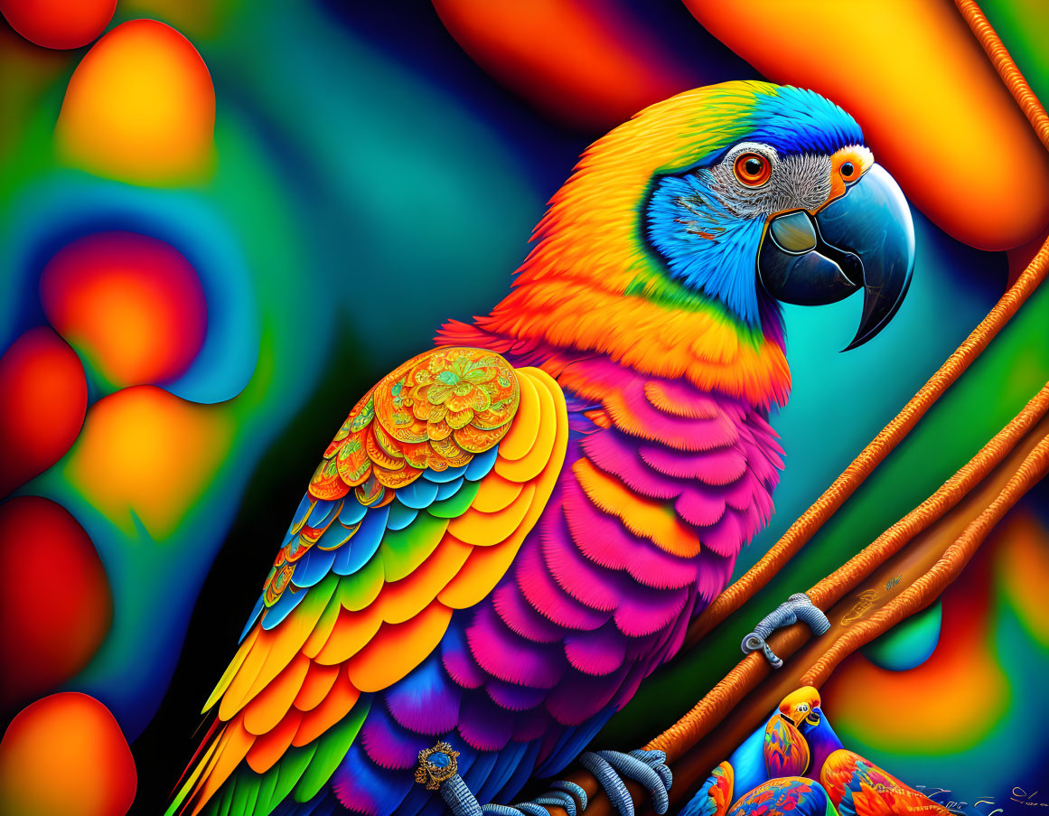 Colorful Macaw Illustration Perched on Branch with Tropical Background