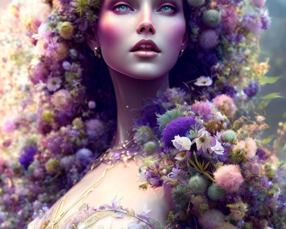 Vibrant purple and green floral portrait of a captivating woman