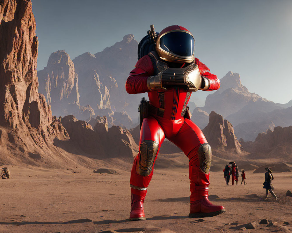 Red spacesuit astronaut on Mars-like terrain with rocky mountains and explorers.