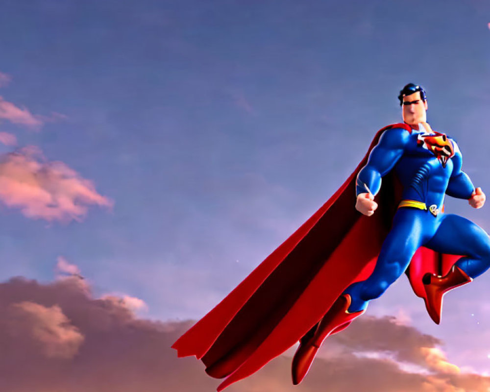 Digital illustration of Superman flying with determined expression in dramatic sunset sky