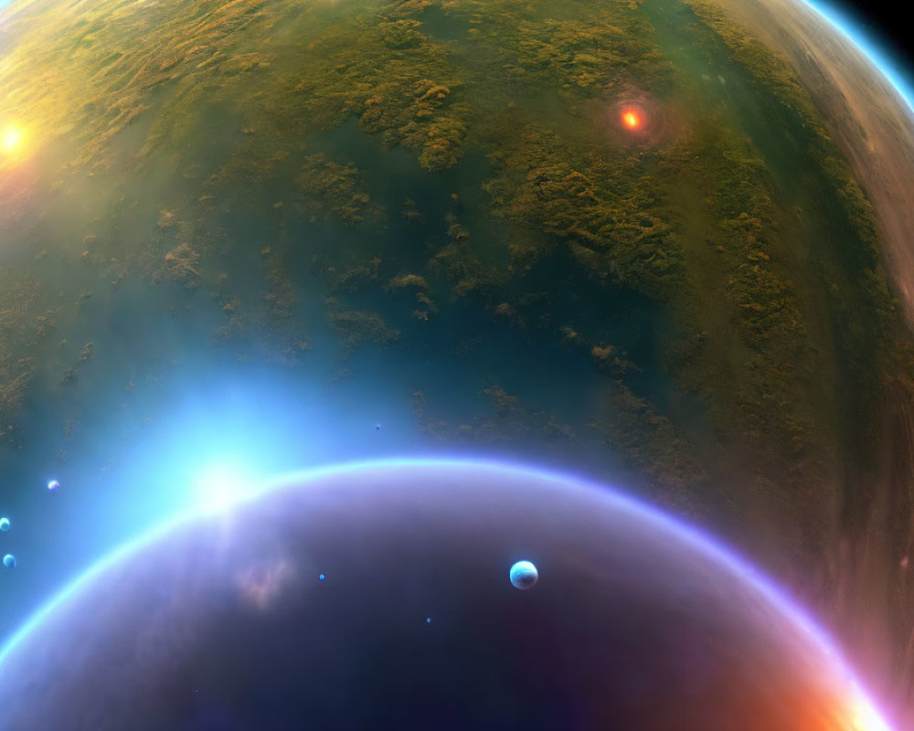 Vibrant, Verdant Planet with Colorful Atmosphere and Moon in Space