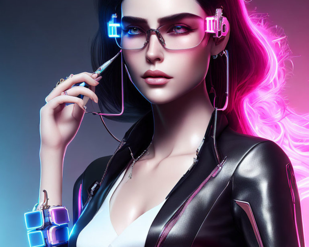 Futuristic cyberpunk female character with neon accents and pink hair