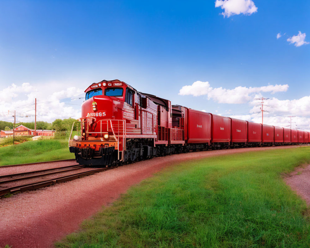 Red Freight Train on Tracks under Blue Sky with Fluffy Clouds