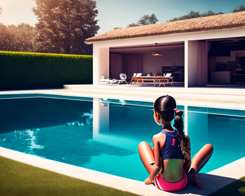 Young girl sitting by pool with feet in water, facing house and patio in serene backyard.