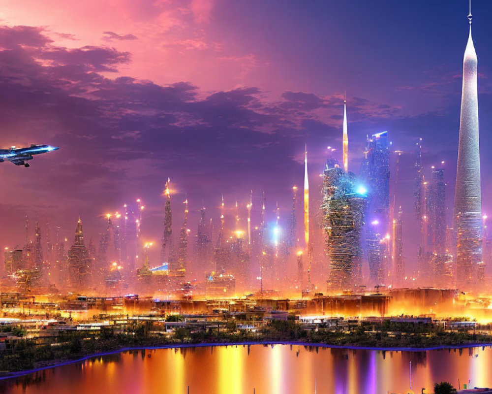 Futuristic city skyline at dusk with neon-lit skyscrapers and tranquil river under purple sky