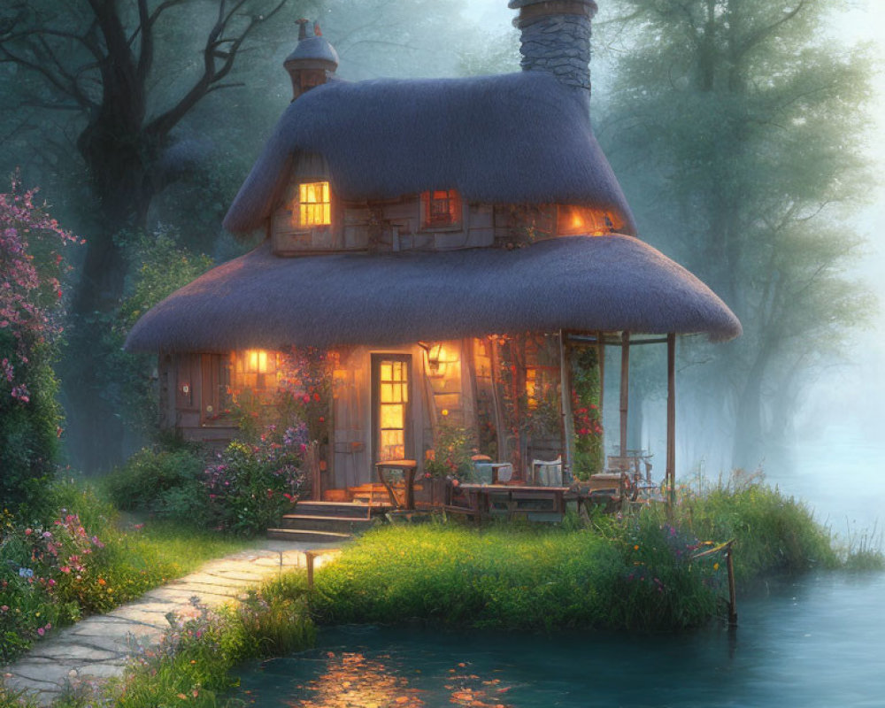 Thatched Cottage by Tranquil River at Dusk