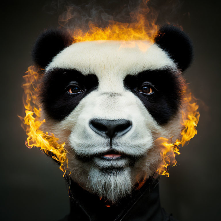 Person in Panda Mask with Fiery Digital Aura Displayed