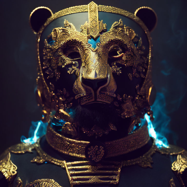 Intricate Golden Bear Helmet with Blue Flames on Dark Background