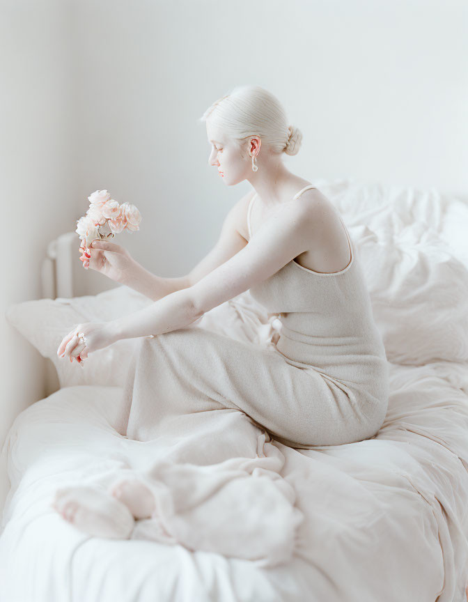 Blonde person with pale skin holding pink flowers on bed