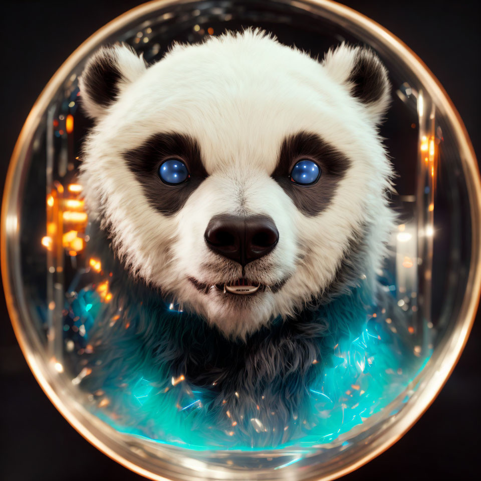 Close-up of a panda with sparkling blue eyes in a glowing bubble