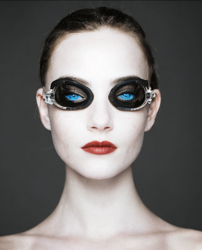 Woman with dramatic black eye makeup and vibrant blue eyes wearing goggles on grey background