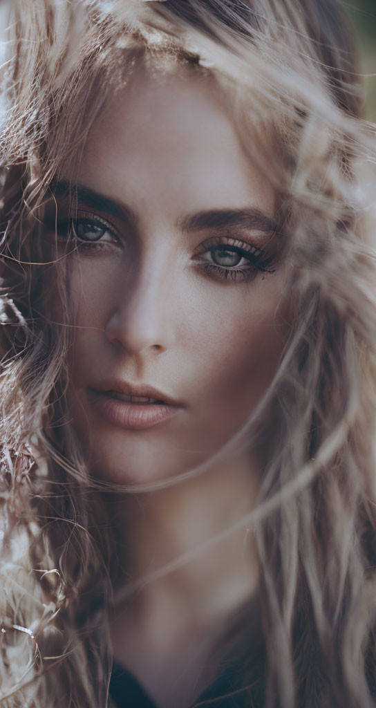 Portrait of woman with tousled hair, intense gaze, and delicate makeup in natural setting