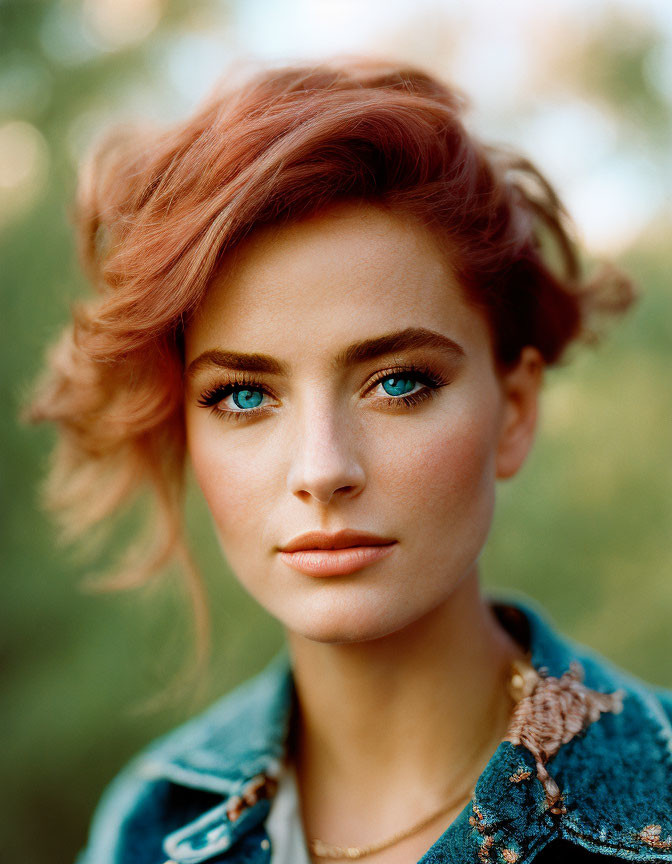 Woman with Blue Eyes and Auburn Hair in Natural Setting