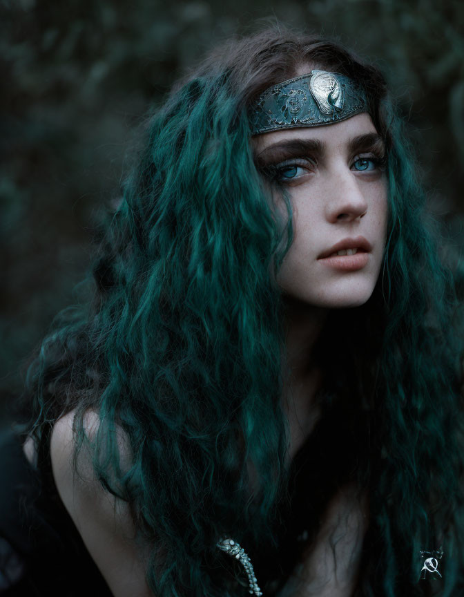 Wavy teal hair with decorative headband in greenery landscape