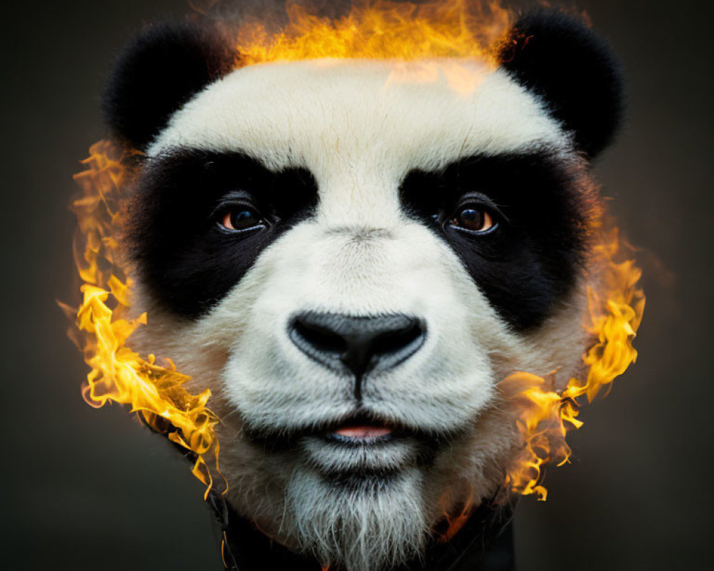 Person in Panda Mask with Fiery Digital Aura Displayed