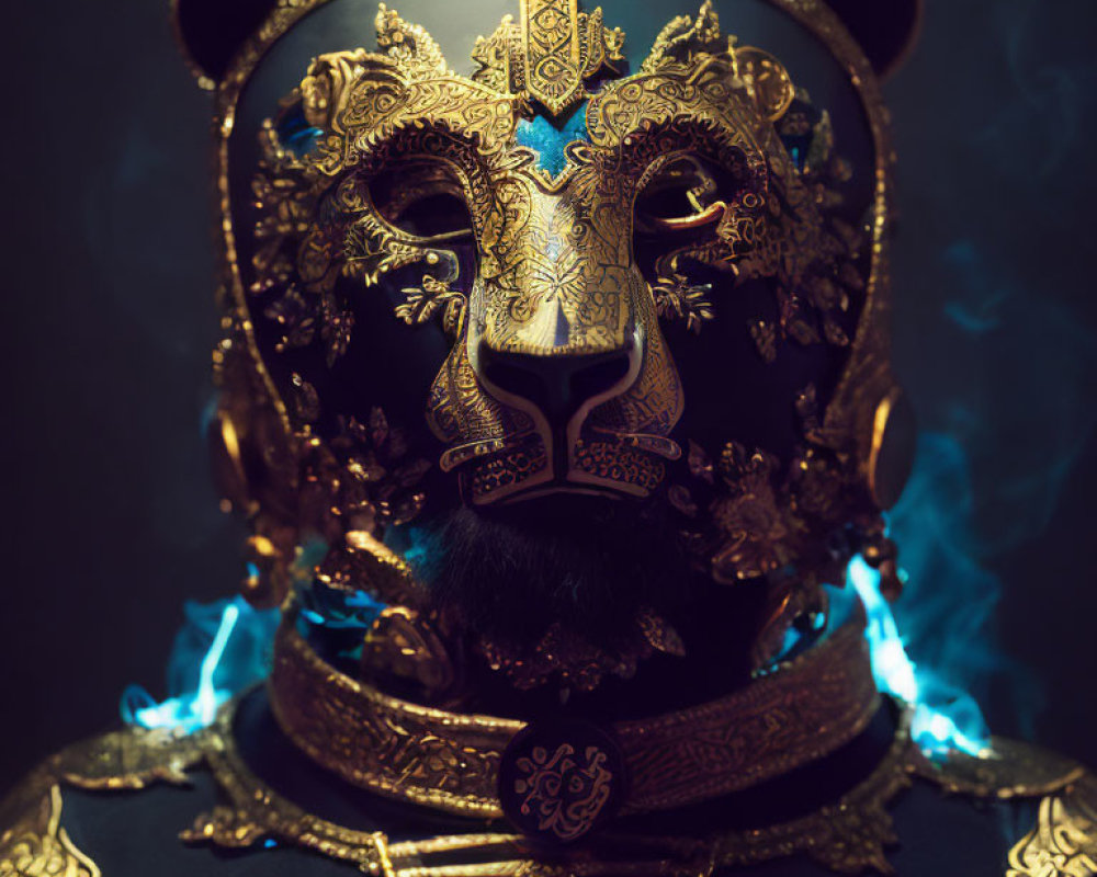 Intricate Golden Bear Helmet with Blue Flames on Dark Background