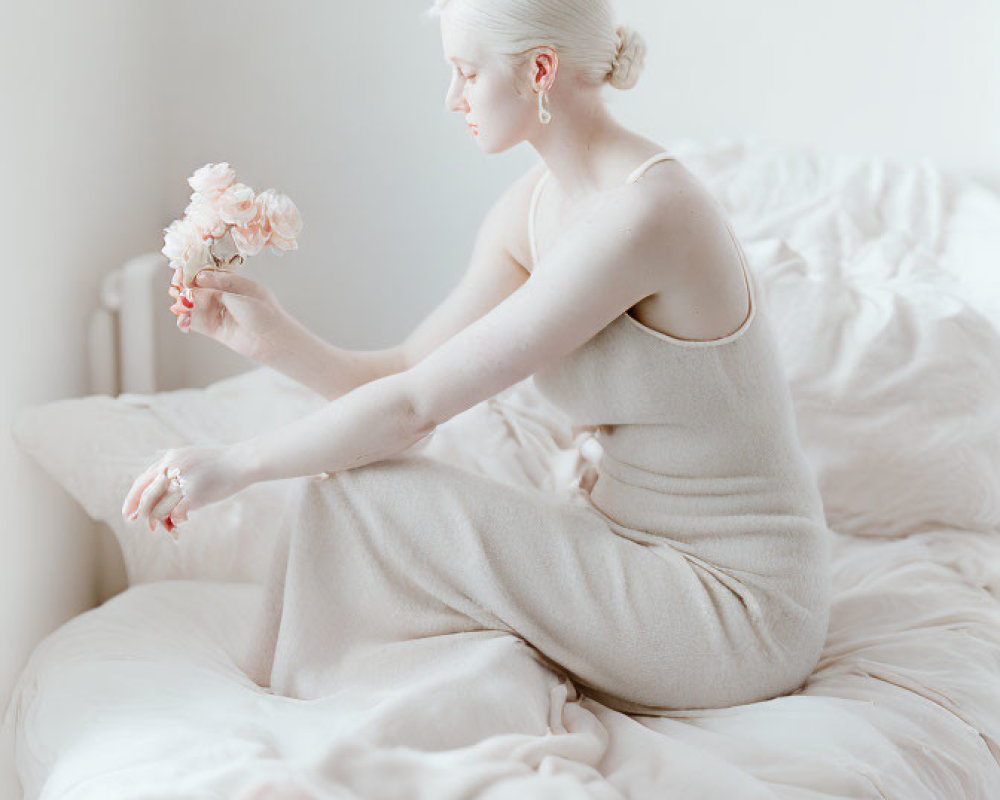 Blonde person with pale skin holding pink flowers on bed