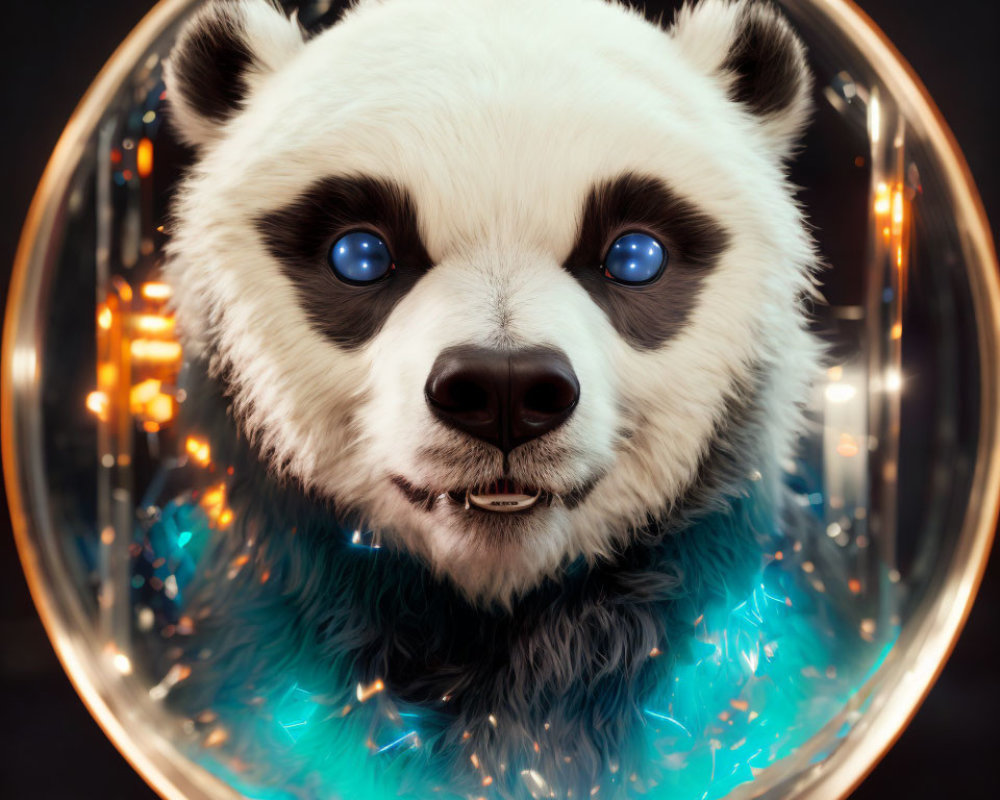 Close-up of a panda with sparkling blue eyes in a glowing bubble