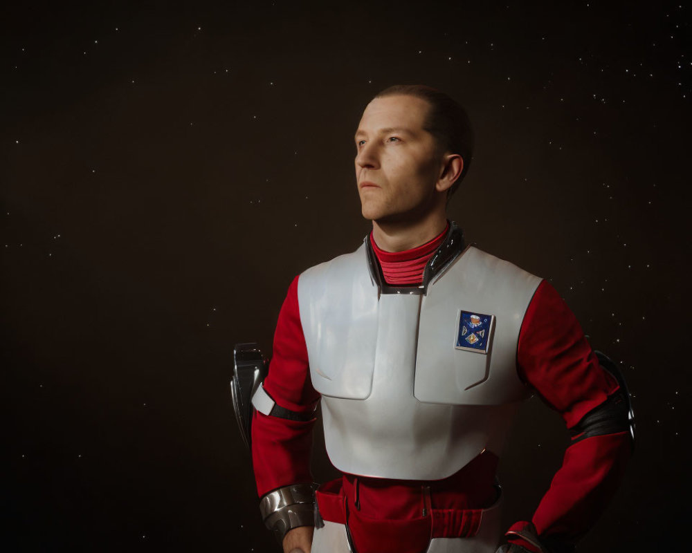 Person in Red and White Space Suit with Badge on Chest Against Starry Black Background