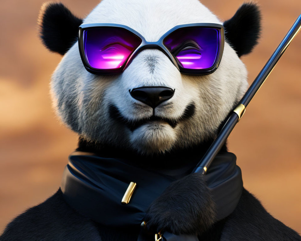 Stylized panda with sunglasses, scarf, and cane in confident pose