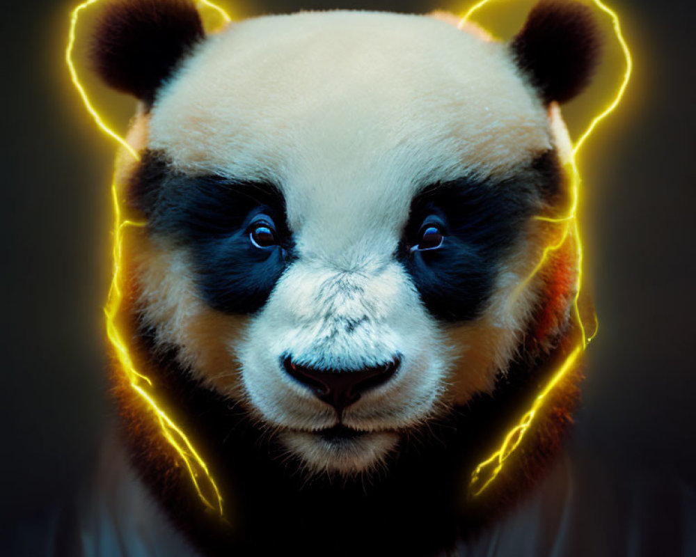 Glowing neon outlined panda portrait on dark background