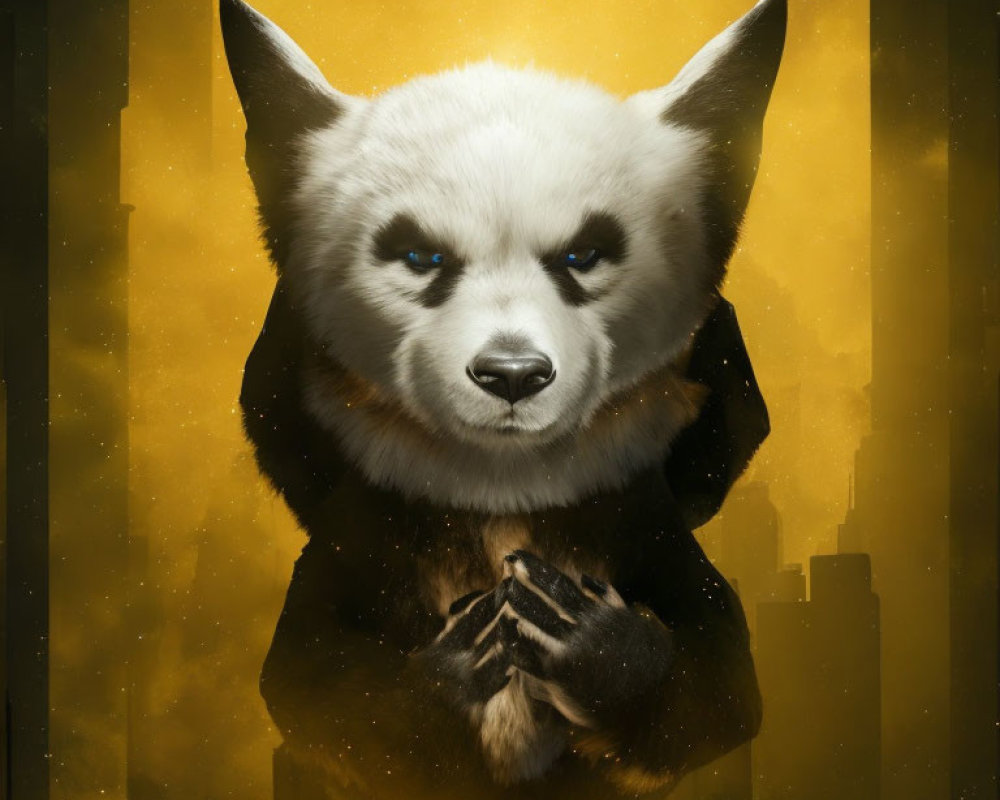 White Panda in Black Cloak on Golden Sparkly Background