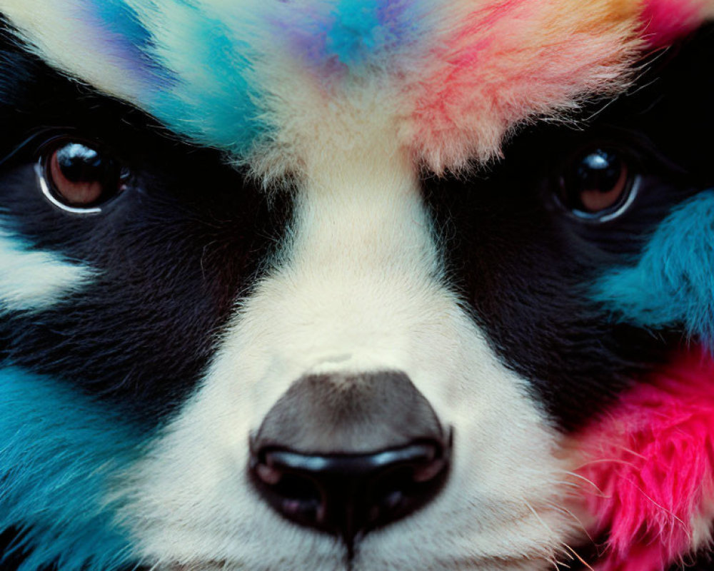 Vibrant blue, pink, and green hues on a panda's fur close-up