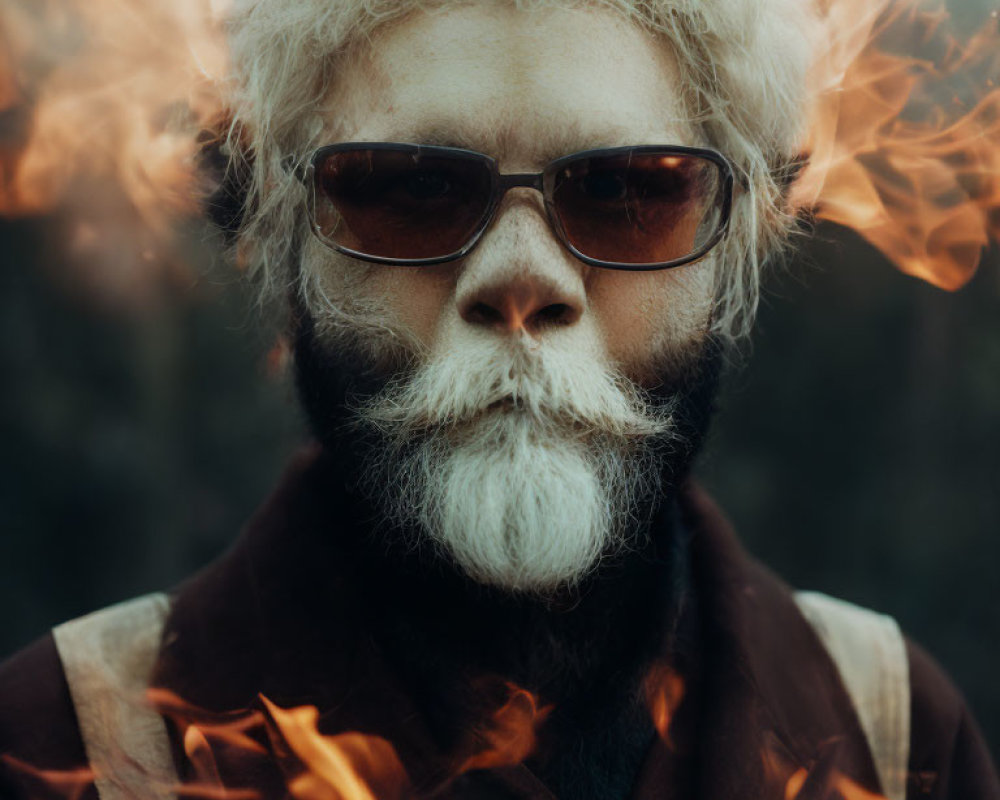 Bearded Man in Sunglasses Surrounded by Flames