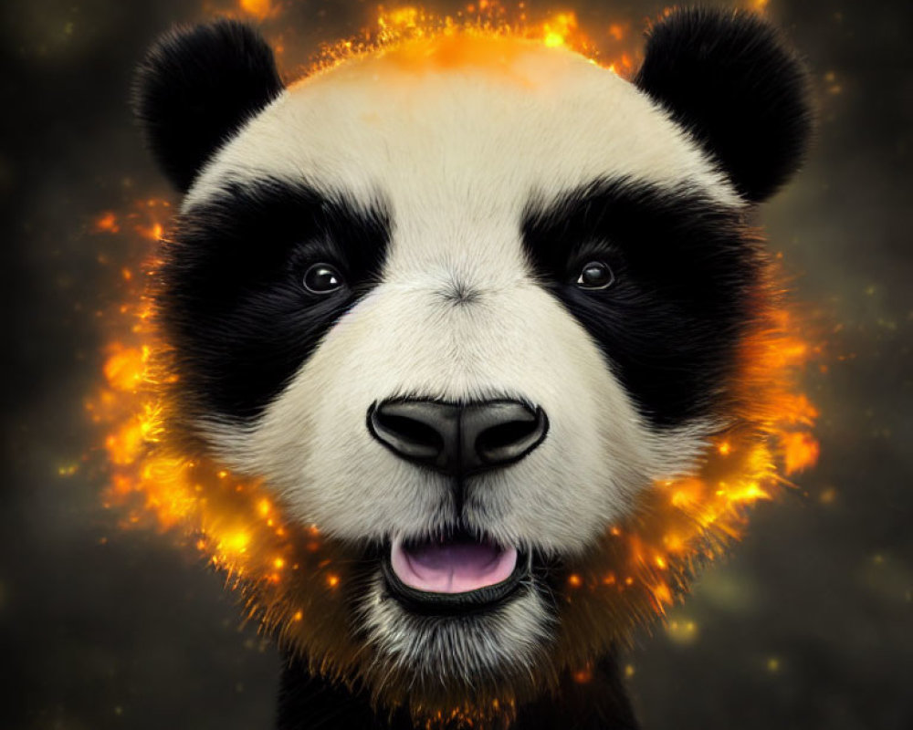 Smiling panda with fiery halo on dark background