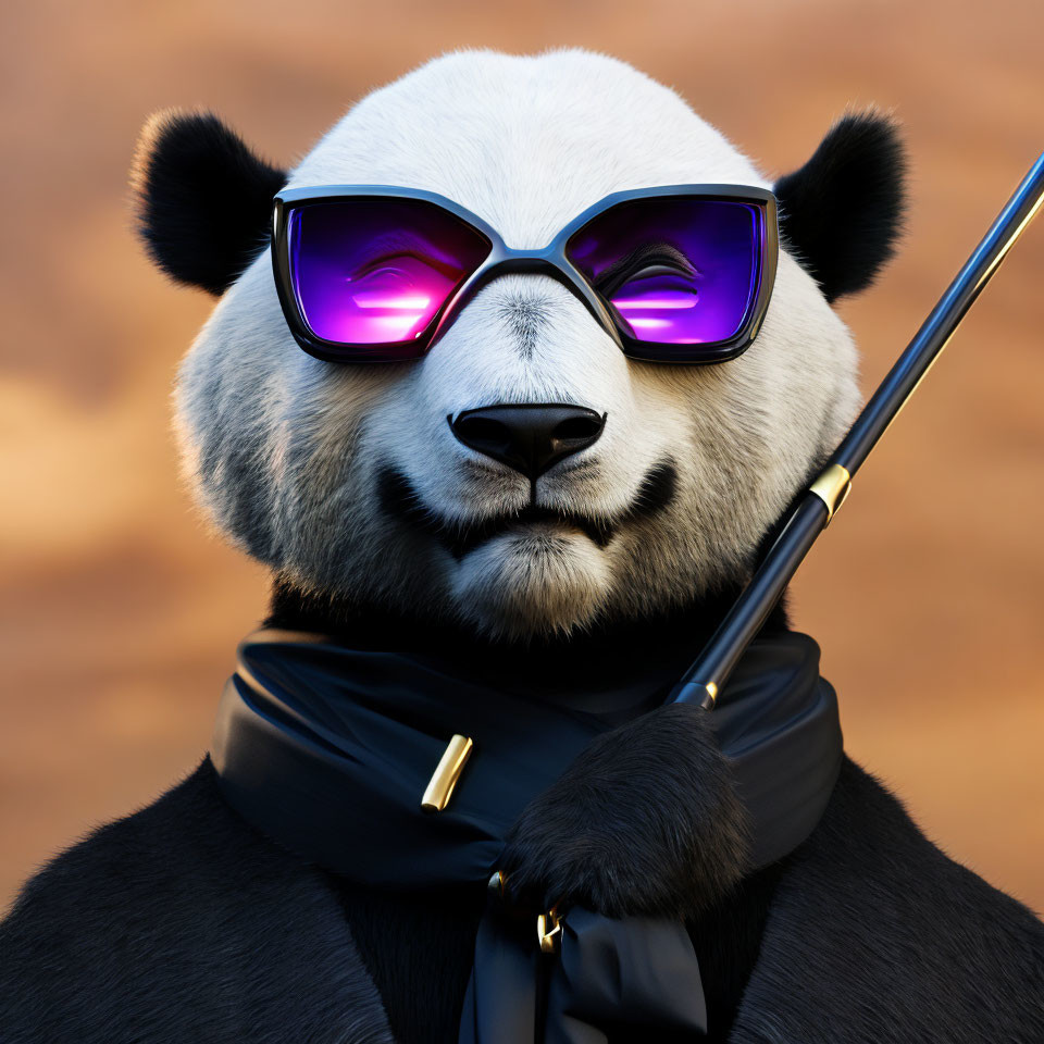 Stylized panda with sunglasses, scarf, and cane in confident pose