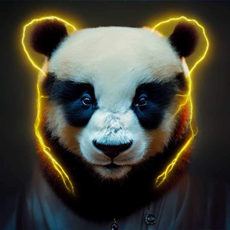 Glowing neon outlined panda portrait on dark background