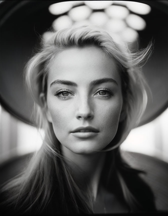 Monochrome portrait of woman in wide-brimmed hat with light hair and captivating eyes against blurred architecture