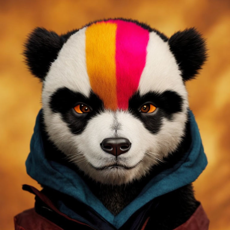 Colorful Panda with Rainbow Hair and Blue Scarf on Golden Background