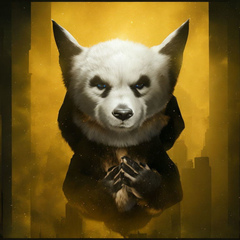 White Panda in Black Cloak on Golden Sparkly Background