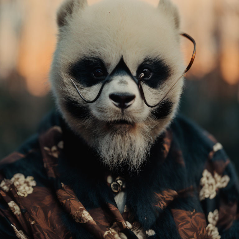 Stylish Outfit with Panda Head and Round Glasses on Blurred Background