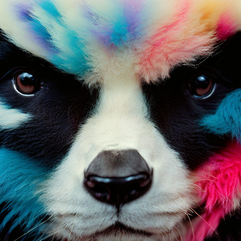 Vibrant blue, pink, and green hues on a panda's fur close-up