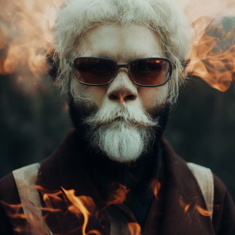 Bearded Man in Sunglasses Surrounded by Flames