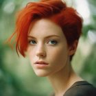 Woman with Blue Eyes and Auburn Hair in Natural Setting