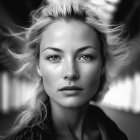 Monochrome portrait of woman in wide-brimmed hat with light hair and captivating eyes against blurred architecture