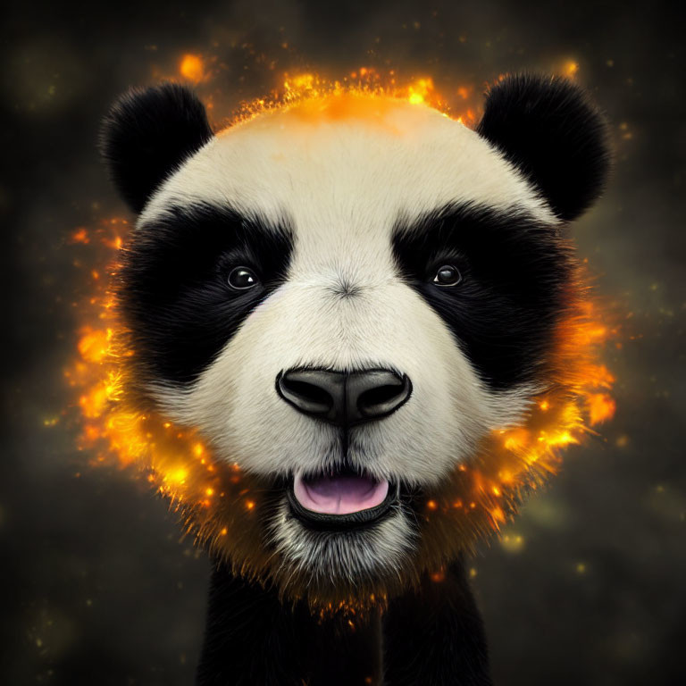 Smiling panda with fiery halo on dark background