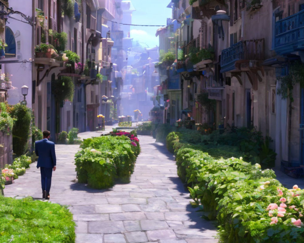 Businessperson strolling on cobblestone street flanked by greenery and charming buildings