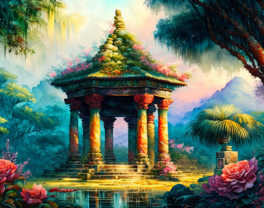 Ornate Pavilion in Lush Flora and Misty Landscape